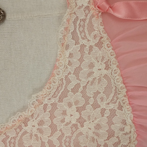 Vintage Candy Pink Nightgown Sheer over Opaque Lace w Ribbon Short Sleeveless - Picture 5 of 8